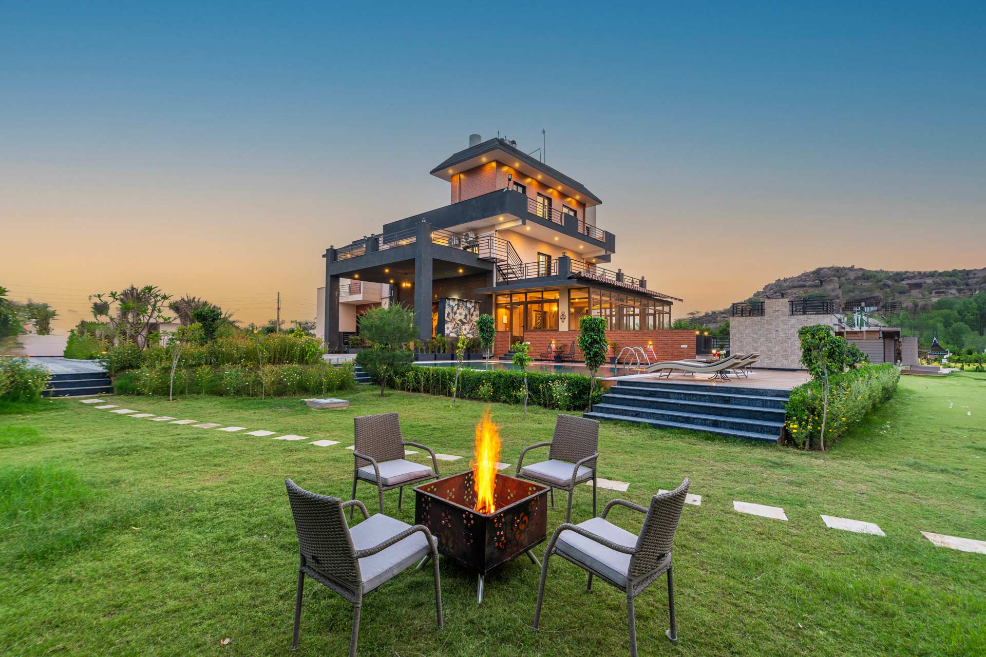 Outdoor garden area of luxury villa for celebrations